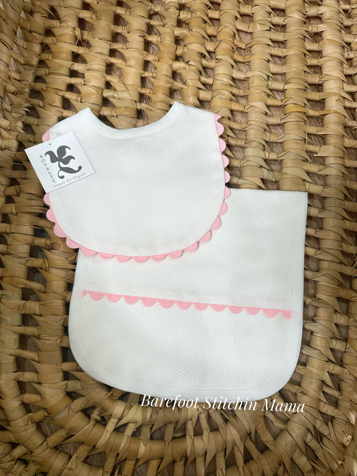 Pink White Cotton Pique Bib and Burp Se
