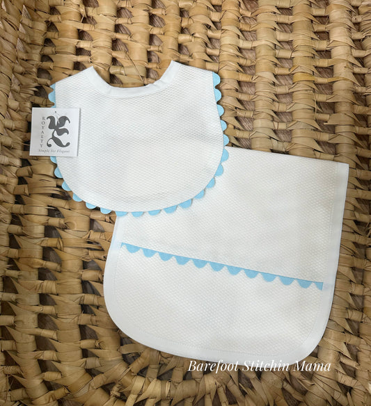 Light Blue White Cotton Pique Bib and Burp Set